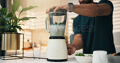 Buy stock photo Blender, kitchen and hands in home for nutrition, breakfast and snack or diet. Smoothie, weight loss and male person with organic ingredients for health, wellness or morning fruit drink in house