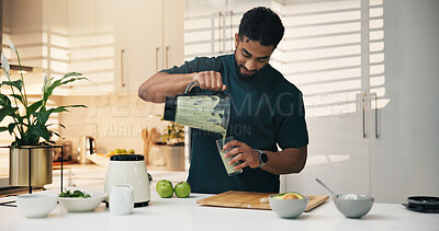 Buy stock photo Blender, kitchen and man in home for nutrition, breakfast and snack or diet. Smoothie, weight loss and male person with organic ingredients for health, wellness or morning fruit drink in house