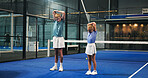Tennis, fitness and kids stretching on court for match warm up, game preparation and routine. Padel, child duo and teamwork with arm workout for sport performance, training and competition practice