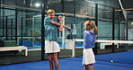 Tennis, fitness and children stretching on court for match warm up, practice routine and exercise. Padel, kid players and team with arm workout for sport performance, start training and getting ready