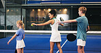 Coach, padel and woman with kids on court for learning sports skills, training and exercise. Personal trainer, fitness and person with children at practice for playing game, tournament and match