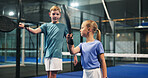 Padel, learning and kids with racket on indoor court for sports workout, exercise and training. Fitness club, siblings and boy with girl for playing game, match and tournament for practice together