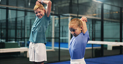 Buy stock photo Padel, fitness and children stretching on court for match warm up, practice routine and exercise. Tennis players, kids and teamwork with arm workout for performance, start training and getting ready