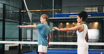 Coach, padel and woman with boy on court for learning sports skills, training and exercise. Lesson, fitness and personal trainer with child at practice with ball for playing game, challenge and match