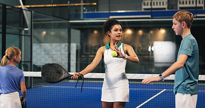 Buy stock photo Coach, padel and woman with kids in lesson for learning sports skills, training and exercise. Tennis court, fitness and personal trainer with children at practice for playing game, challenge or match