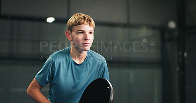 Buy stock photo Padel tennis, fitness and teenager with racket, court or training for tournament, athlete or health. Boy, skill development and match preparation with practice, growth and exercise for sport and game