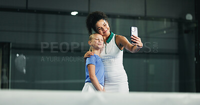 Buy stock photo Hug, padel and selfie of coach with girl in sports venue for memories, practice or training. Fitness, photograph and smile of child with personal trainer woman on space for development or exercise