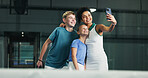 Woman, coach and selfie with children for padel tennis, photography or indoor practice together. Female person, sports trainer and smile with active students for capture moment or memory in club