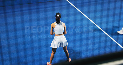 Buy stock photo Above, tennis and woman with training, start and fitness with game, technique and challenge. Person, sports player or athlete with skills, serve and practice with competition, performance or wellness