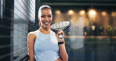Buy stock photo Padel, happy and portrait of woman with racket for practice, exercise and challenge at indoor court. Tennis club, sports and person with equipment with smile for playing game, match and training