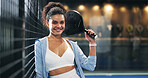 Padel, sports and portrait of woman with racket for practice, exercise and challenge at indoor court. Fitness club, happy and person with equipment with smile for playing game, match and training