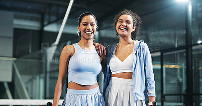 Buy stock photo Sports, friends and portrait of women on padel court for practice, exercise and challenge. Fitness club, happy and people hug with smile for playing game, match and training together for tournament
