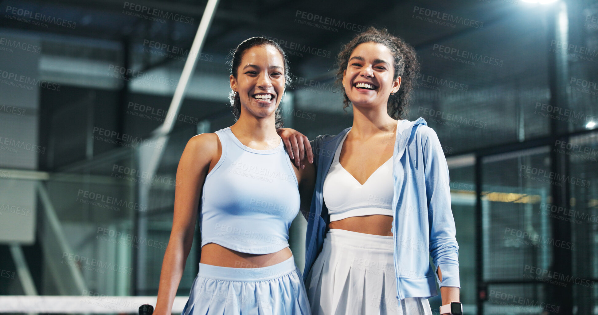 Buy stock photo Sports, friends and portrait of women on padel court for practice, exercise and challenge. Fitness club, happy and people hug with smile for playing game, match and training together for tournament