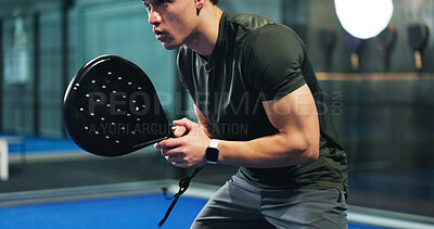 Buy stock photo Padel tennis, man and training with racket, court and practice for tournament, athlete and wellness. Healthy, person and workout routine for fitness, skills or preparing for sport competition or game
