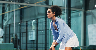 Buy stock photo Padel tennis, training and woman with racket, court or practice for tournament, athlete or wellness. Healthy, person and workout routine for fitness, skills and preparing for sport match and game