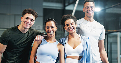 Buy stock photo Portrait, happy people and fitness team in gym for health, wellness or support for workout together. Smile, men and women in sports club with exercise community, friends and group with collaboration