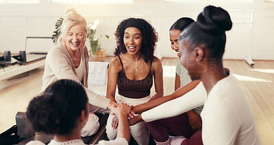 Buy stock photo Happy, hands stack and women in yoga class for exercise, pilates workout and wellness. Friends, trainer and people together at fitness club for health, support and wellbeing in studio for teamwork