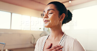 Buy stock photo Yoga, meditation and breathing with woman, calm and stress relief with wellness, zen and mindful. Balance, fitness and person in studio, workout and gratitude with break, pilates and heart health