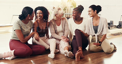 Buy stock photo Happy, group and women on floor for yoga exercise, pilates and wellness together Friends, trainer and female people laughing in conversation at fitness club for health, support and connection