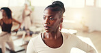 Fitness, serious and woman in class, pilates and workout routine for wellness, training or activity. Gym, people and confident for core strength, lesson and exercise for health benefits and self care