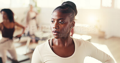 Buy stock photo Fitness, serious and woman in class, pilates and workout routine for wellness, training or activity. Gym, people and confident for core strength, lesson and exercise for health benefits and self care