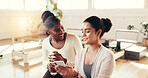 Women, friends and phone with talk at pilates studio, break and happy with water, fitness and gossip on web. Girl, chat and smartphone with mobile app, smile or social media post at wellness club