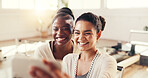 Girl, friends and selfie with smile at pilates studio, bonding and happy for memory, fitness and post on web. Women, photography and excited for profile picture, joke or social media at wellness club