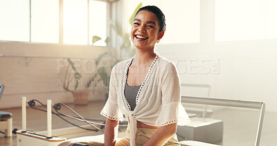 Buy stock photo Happy woman, portrait and gym with laugh for fitness, health and wellness in training facility. Female person, yoga and smile with equipment for physical exercise, activity or life balance in center