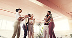 Happy, pilates class and girl friends in studio with bonding, connection or activity together. Smile, laugh and women at yoga workout for health, wellness or fitness with talking and hugging at gym.