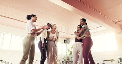 Buy stock photo Happy, pilates class and girl friends in studio with bonding, connection or activity together. Smile, laugh and women at yoga workout for health, wellness or fitness with talking and hugging at gym.