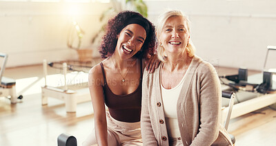 Buy stock photo Portrait, fitness and women in studio, friends and bonding together with support, health and exercise. People, wellness club or motivation with training, challenge and female empowerment with workout