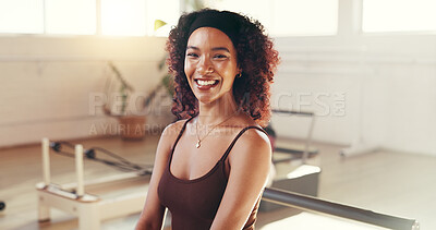 Buy stock photo Portrait, happy and pilates reformer for woman, gym and equipment for workout, healthy and wellness. Confident, smile and person on machine for core strength, exercise or balance in fitness center