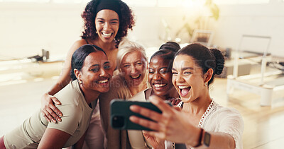Buy stock photo Selfie, happy and girl friends at yoga class for memory, bonding or social media post together. Smile, exercise and group of women with photography picture on phone at pilates workout in gym for fun.