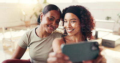 Buy stock photo Selfie, team and women in gym, fitness or profile picture for social media, happy and memory on web. Bonding, people and photography in health club, friends and done with workout, smile and wellness