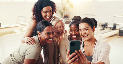 Buy stock photo Selfie, happy and women in gym, fitness or profile picture for social media, team and memory on web. Bonding, people and photography in health club, friends and done with workout, smile and wellness