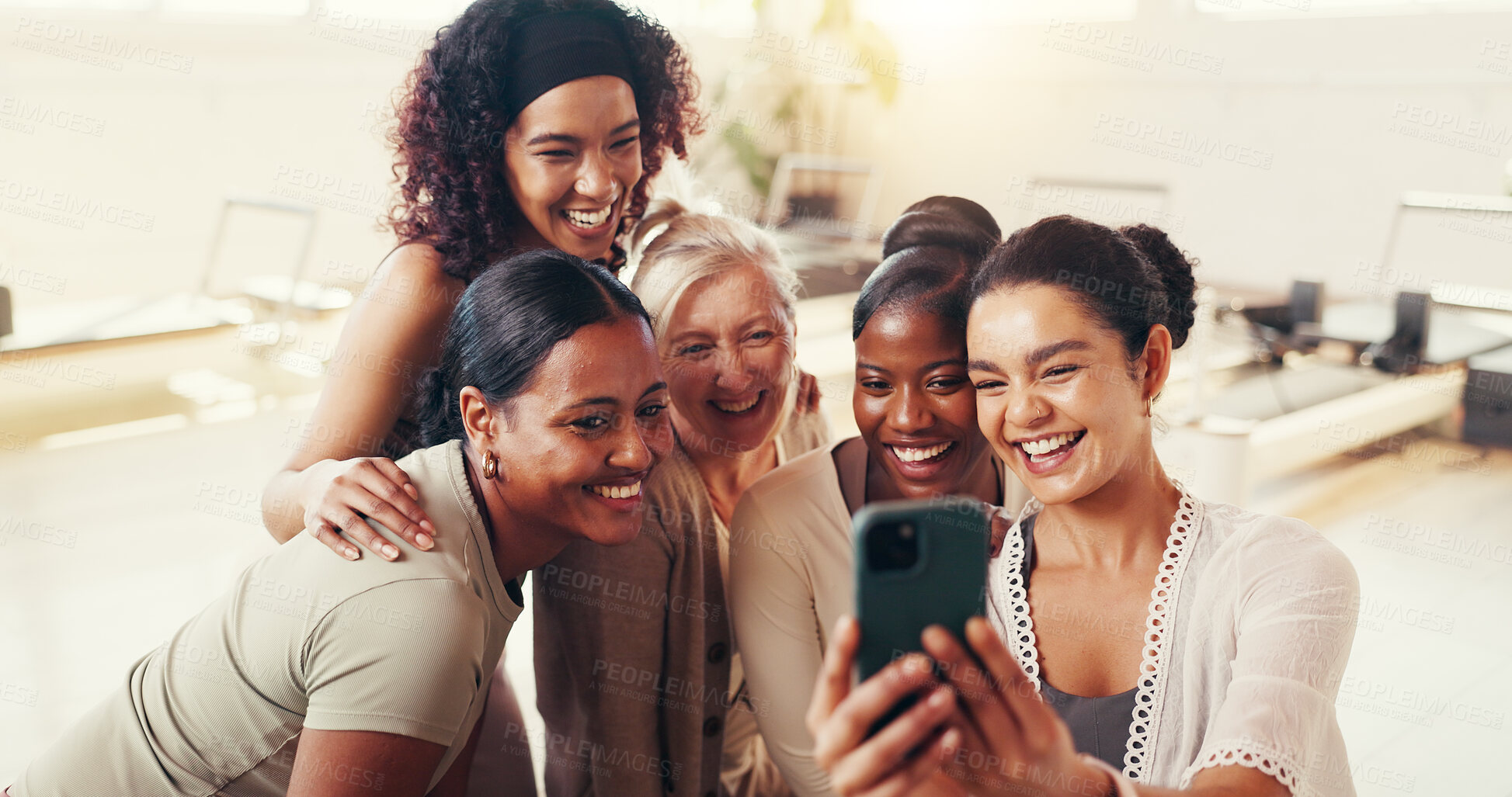 Buy stock photo Selfie, happy and women in gym, fitness or profile picture for social media, team and memory on web. Bonding, people and photography in health club, friends and done with workout, smile and wellness