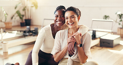 Buy stock photo Happy, pilates and portrait of women in gym for fitness, workout or training together with friendship. Smile, wellness and female people at yoga class for health, activity or exercise in studio.