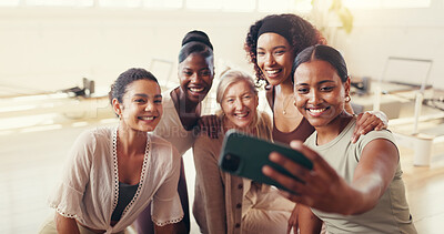 Buy stock photo Exercise, selfie and smile with women in pilates class together for bonding, memories or wellness. Diversity, fitness and profile picture with happy friends in health studio for social media post