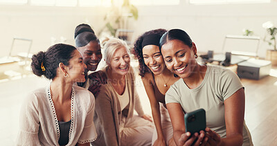 Buy stock photo Fitness, selfie and smile with women in pilates class together for bonding, memories or wellness. Diversity, exercise and profile picture with happy friends in health studio for social media post