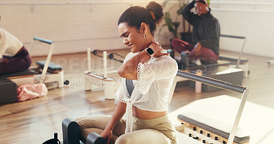 Buy stock photo Woman, neck injury and fitness with pain in gym for muscle tension or joint inflammation. Frustrated, female person and sore shoulder with ache for overworked strain, workout accident or pressure