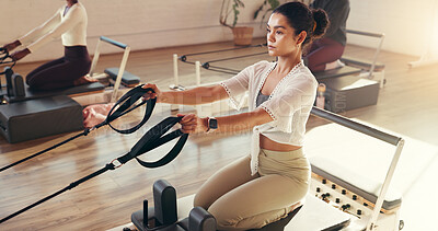 Buy stock photo Pilates, reformer and woman in class with machine for exercise, workout and improve posture. Fitness club, health and people with resistance equipment for wellness, stretching or balance for strength