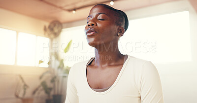 Buy stock photo Yoga, meditation and breathing with black woman, heart health and calm with wellness, zen and balance. African person, fitness or stress relief in studio, workout and gratitude with break and chakra