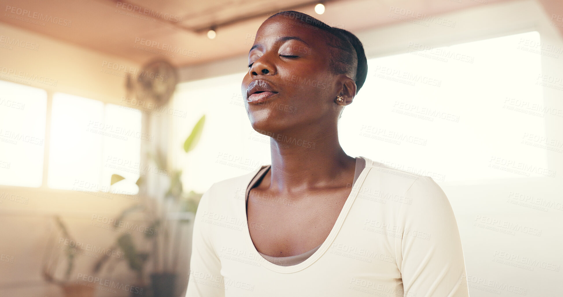 Buy stock photo Yoga, meditation and breathing with black woman, heart health and calm with wellness, zen and balance. African person, fitness or stress relief in studio, workout and gratitude with break and chakra