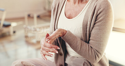 Buy stock photo Woman, hands and wrist pain with injury for muscle tension or joint inflammation in fitness center. Mature, female person and gym with ache for carpal tunnel syndrome or arthritis in health club