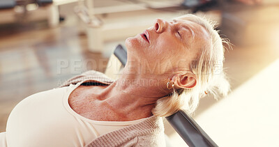 Buy stock photo Break, pilates and reformer with mature woman in studio for exhaustion, fatigue or recovery. Exercise, fitness and rest with tired old person in health class for training, wellness or workout