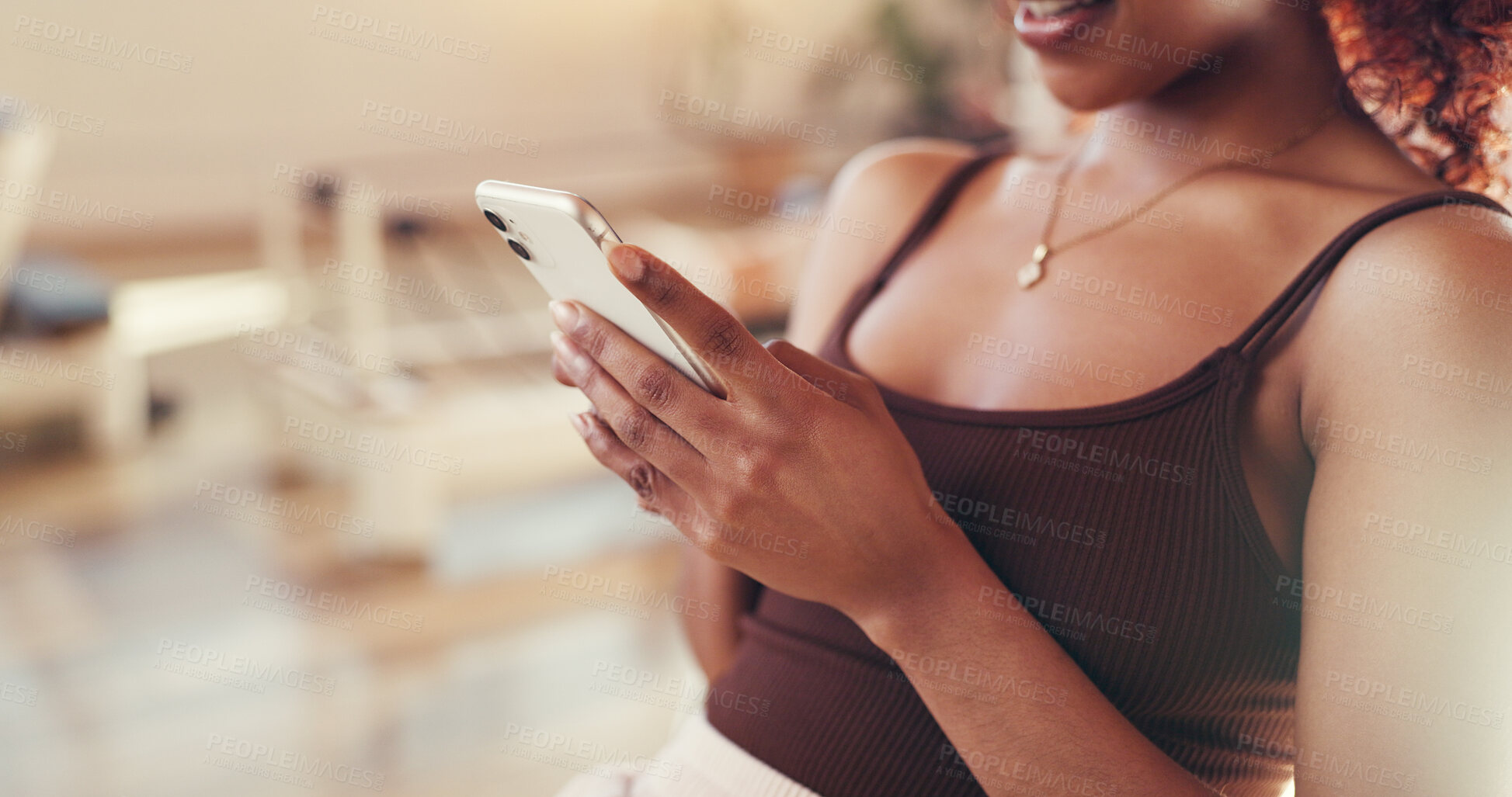 Buy stock photo Woman, hands and fitness with phone for social media, workout schedule or sport app in gym. Closeup, female person or typing with mobile smartphone for online chatting, texting or exercise routine