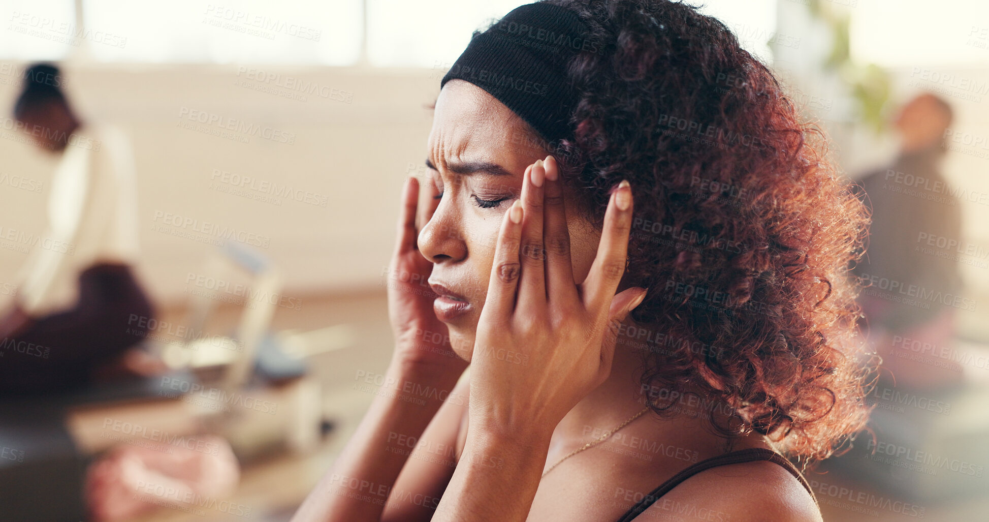 Buy stock photo Woman, headache and stress with pain in gym for muscle tension or dehydration in fitness center. Female person, strain or pilates class with migraine for vertigo, pressure or fatigue in health club