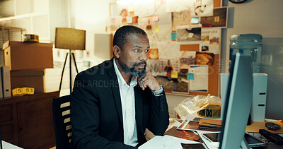Buy stock photo Man, computer and detective thinking with research for case, search for lead or crime analysis. Mature black person, criminal investigation and check surveillance online or problem solving at night
