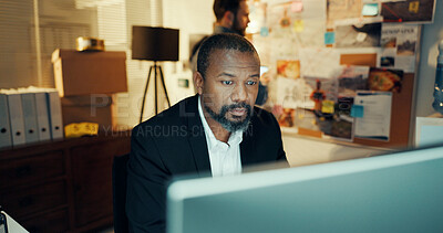Buy stock photo Man, computer and detective with reading for case, search for lead or problem solving in office. Criminal investigation, check surveillance footage online or crime analysis with research at night