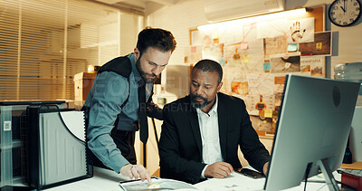 Buy stock photo Computer, night and tablet with detective people in office together for crime investigation. App, evidence and police work with partner men at desk in workplace for evening collaboration on case